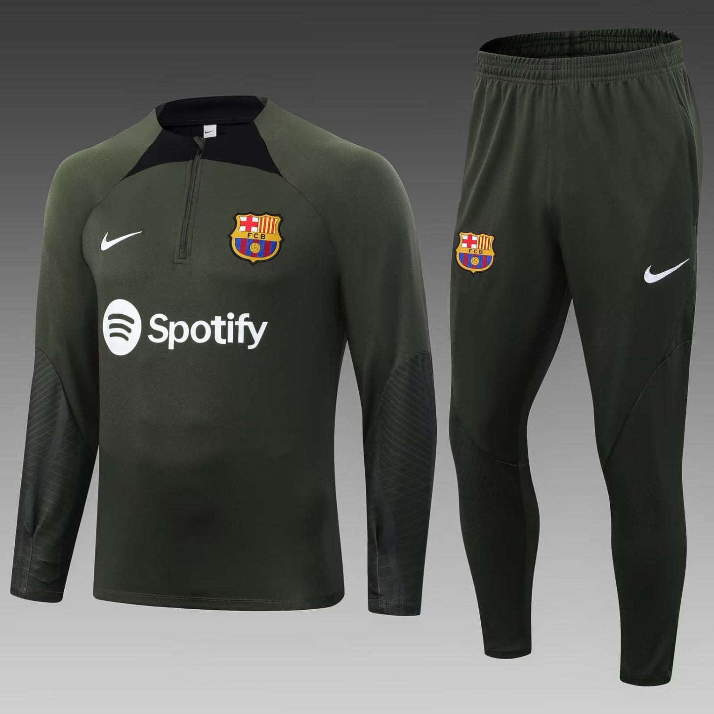 2023/2024 Barcelona Half-Pull Training Suit Army Green Jersey  Set